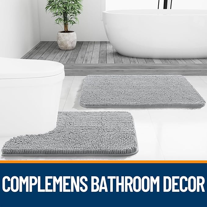 OLANLY Bathroom Rugs Sets 2 Piece, Soft Absorbent Chenille Bath Mats and U-Shaped Contour Toilet Mat Area Rug Set, Machine Washable Bath Carpet, Home Decor Accessories(36"x24"+24"x20", Light Grey)