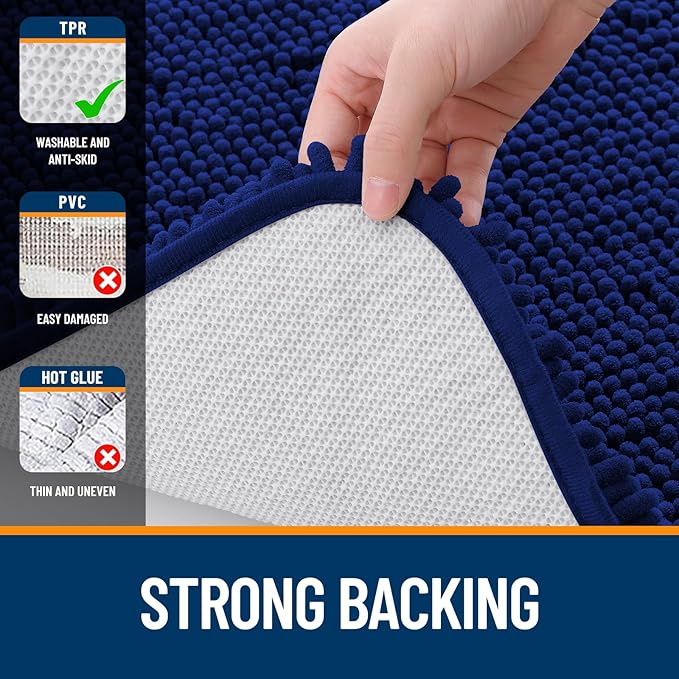 OLANLY Bathroom Rugs Sets 2 Piece, Soft Absorbent Chenille Bath Mats Area Rug Set, Non-Slip, Quick Dry, Machine Washable Bath Mats for Bathroom, Home Decor Accessories (47"x20"+24"x16", Navy)