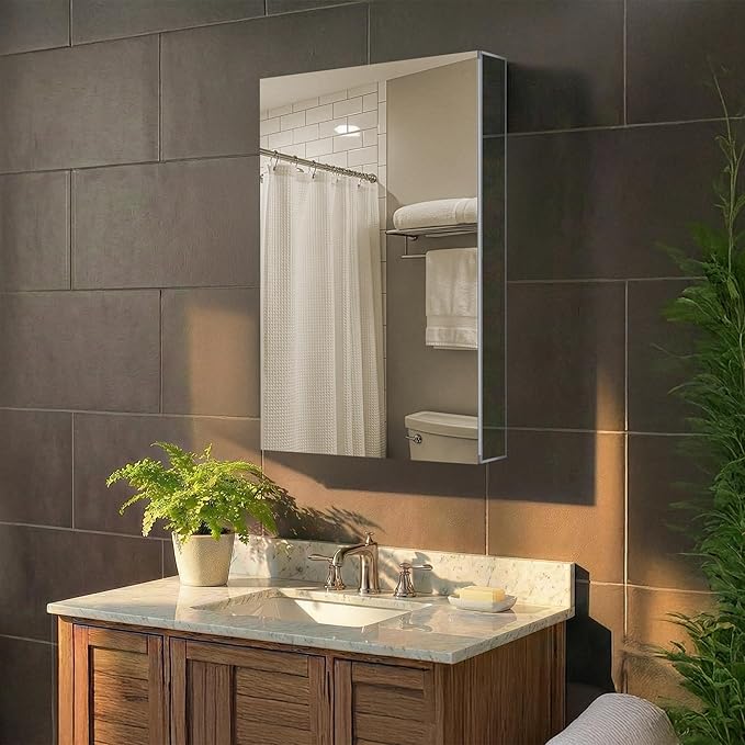 Fine Fixtures Bathroom Medicine Cabinet, Aluminum, Recessed/Surface Mount, 20" x 30", Right/Left Hinged, Mirrored Interior