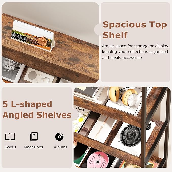 Tangkula 6-Tier Bookshelf, Tall Freestanding Bookcase with Angled Shelves, Industrial Display Rack Storage Organizer with Metal Frame & Anti-Tip Kits for Home Office Living Room (Rustic Brown, 63.5”H)