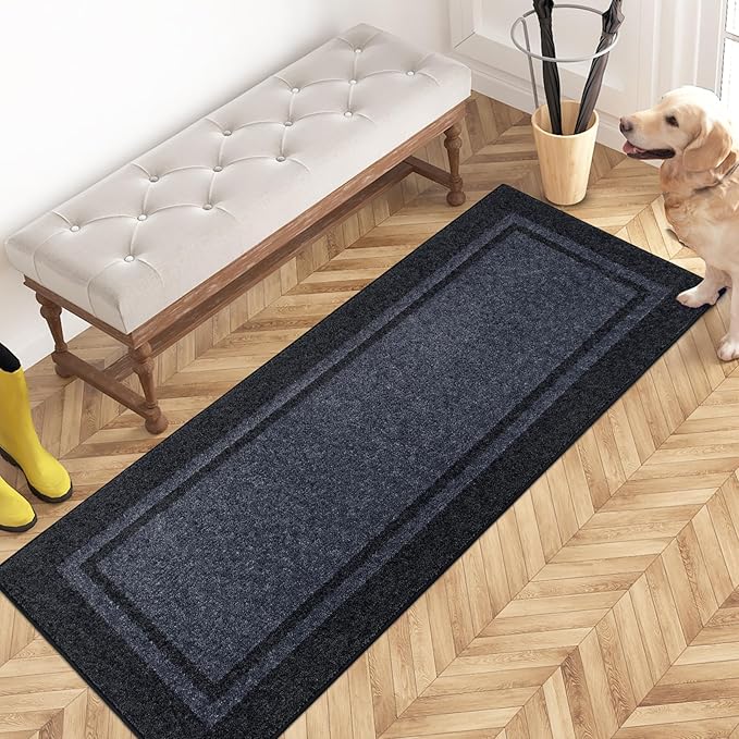 PURRUGS Dirt Trapping Door Mat 24" x 60", Non-Slip/Skid Machine Washable Entryway Rug, Shoes Scraper, Area Rug, Super Absorbent Welcome Mat for Muddy Wet Shoes and Paws, Bluish Grey & Charcoal