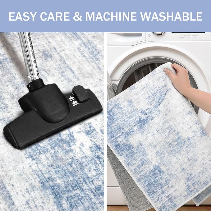 IOHOUZE Abstract Area Rug 4x6 Ft Washable Rugs for Entryway Indoor, Non Slip Small Living Room Rugs Printed Faux Wool Throw Rug, Floor Carpet for Kitchen Nursery Playroom, Light Blue White