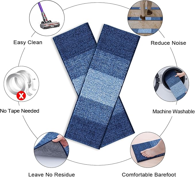 OLANLY Stair Treads Non Slip 4PCS, 8" x 30" Indoor Stair Runners for Wooden Steps, Edging Stair Rugs with Reusable Peel and Stick Adhesive for Kids Elders and Pets, Navy