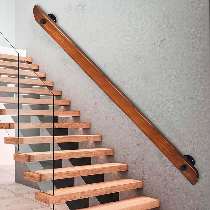Wood Handrails, Indoor Non-Slip Staircase Handrail,Retro Rustic Wall Mount Railings Handrails, Home Loft Corridor Support Rod,Industrial Pipe Support, Easy to Install (Dark Wood, 4FT)