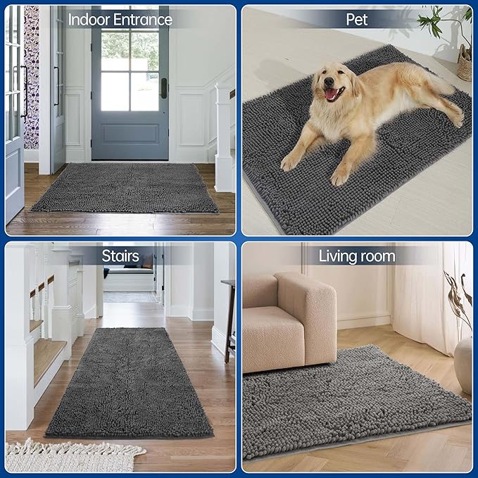 Chenille Absorbent Front Door Mat 72" x 36", Dog Door Mat for Muddy Paws, Trap Dirt Doormat, Mud Mat for Dogs, Washable Non Slip Outdoor Indoor Doormats for Entryway, Grey