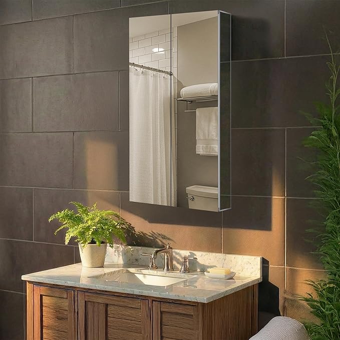 Fine Fixtures Bathroom Medicine Cabinet, Aluminum, Recessed/Surface Mount, 24" x 36", Right/Left Hinged, Mirrored Interior