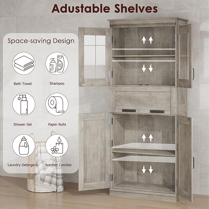 GarveeHome 67" Tall Bathroom Cabinet with 4 Doors & Flip Glass Drawer, Storage Cabinet with Adjustable Shelves, Freestanding Organizer for Kitchen, Living Room (Oak)