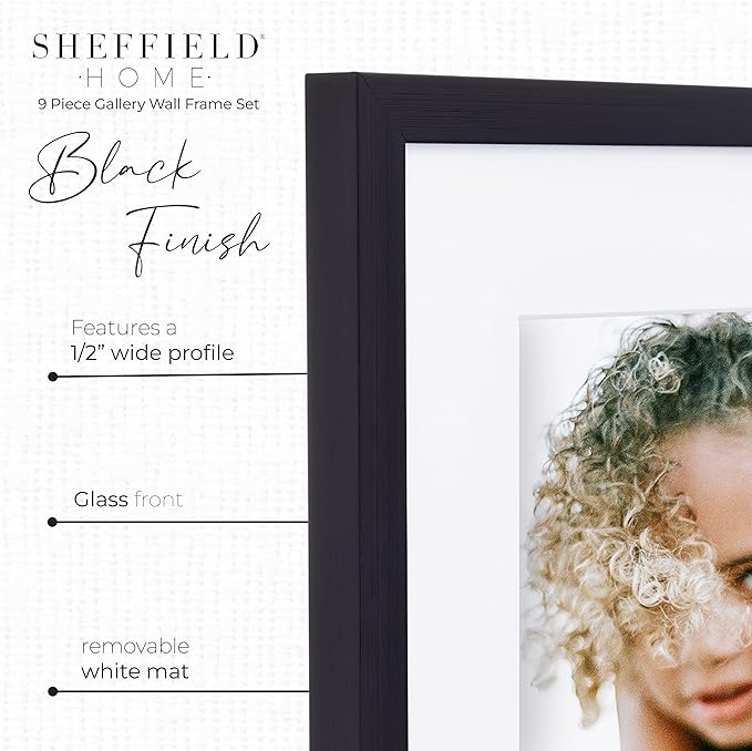 Sheffield Home 9 Piece Gallery Wall Frame Set, 12x12 in. Matted to 8x8 in. (Matte Black)