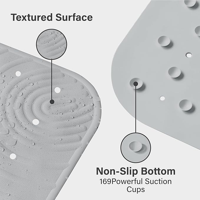 Extra Long Rubber Bathtub Mat, Non-Slip Shower Tub Mat, 39x16 Inch, Bath Tub Floor Mat with Suction Cups and Drainage Holes, Grey