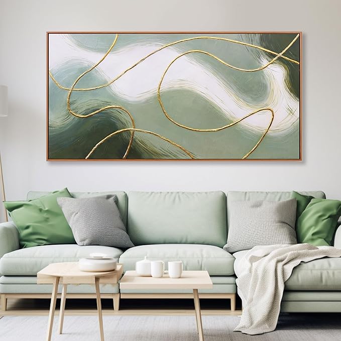 Framed Abstract Wall Art Room Decor Aesthetic Green White and Gold Lines Boho Canvas Wall Decor Artwork Modern Home Wall Decor for Living Room Bedroom Office Decor 24"x48"