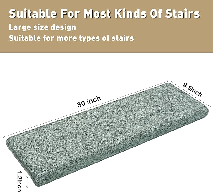 PURE ERA Carpet Stair Treads Ultra Plush 9.5" X 30"Soft Bullnose Indoor Stair Protectors Pet-Friendly Non-Slip Skid Resistant Tape Free Washable Reusable(7 Pieces,Greenish Gray)