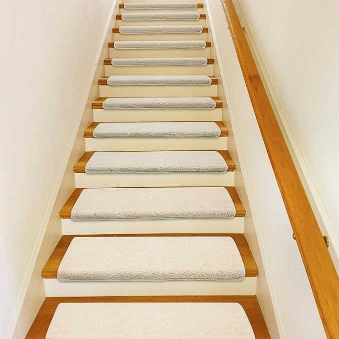 PURE ERA Bullnose Carpet Stair Treads Set Tape Free Non-Slip Indoor Stair Protectors Pet Friendly Rugs Covers Soft Skid Resistant Washable Reusable 9.5" x 30" (14 Pieces, Light Beige)