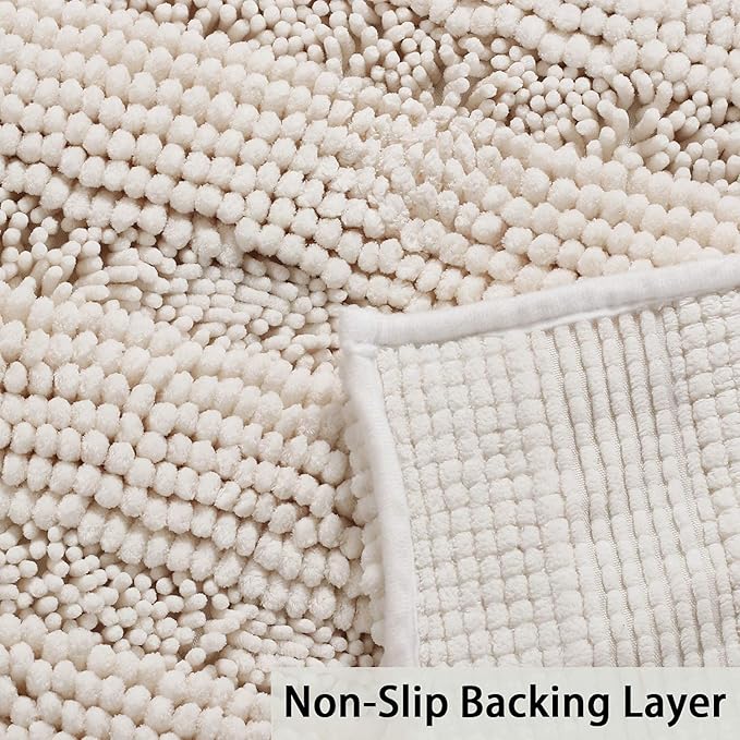 Turquoize Chenille Bathroom Rugs Set Non-Slip Bath Mats for Bathroom Super Absorbent Shaggy Rugs for Tub Shower Toilet Plush Bath Rug Plus U Contour Rug (Oversized: 24" x 36" and 20" x 24" U), Ivory
