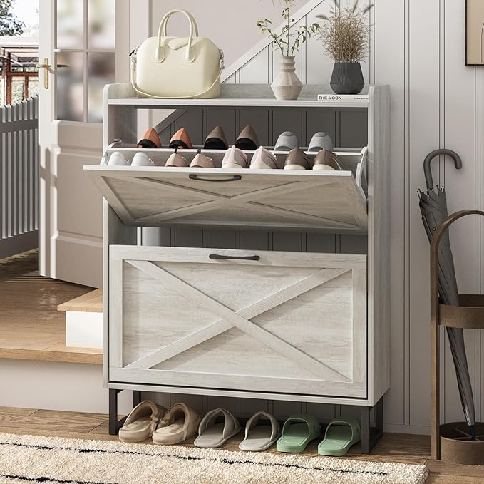 Maupvit Shoe Storage Cabinet with 2 Flip Drawers, Freestanding Organizer with Metal Legs for Entryway, Narrow Shoe Rack Cabinet, Beige