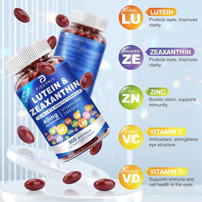 Lutein and Zeaxanthin Supplement - Eye Vitamins, 40 mg Lutein & 8 mg Zeaxanthin with Vitamins C, E, Zinc, Omega-3 & CoQ10 for Blue Light Protection, Eye Health Support  - 300 Softgels