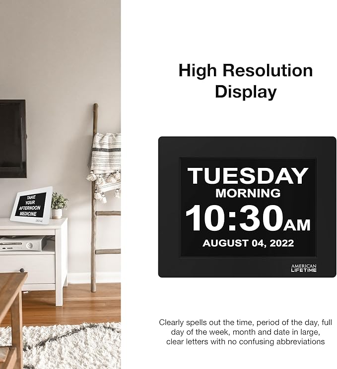 American Lifetime New 2025 Dementia Clock Large Digital Clock for Seniors, Alzheimer Clock Large Display with Custom Alarms, Clock with Day & Date for Elderly, Big Number Digital Calendar Black