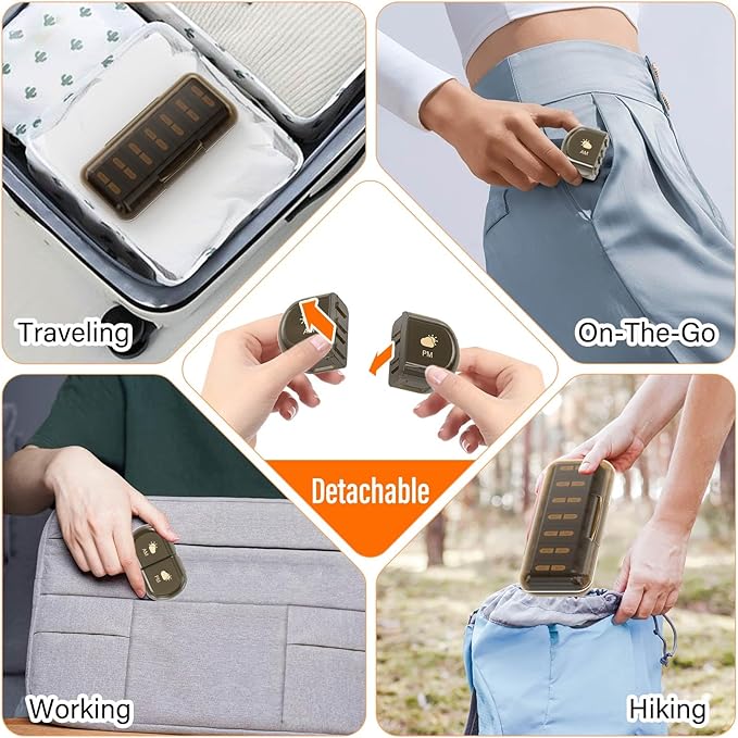 Weekly Pill Organizer 2 Times a Day, Moisture-Proof, Detachable Compartments, AM PM Pill Box 2X 7 Day, Travel Pill Organizer for Pills/Fish Oil/Medication/Vitamin/Supplements (Brown)