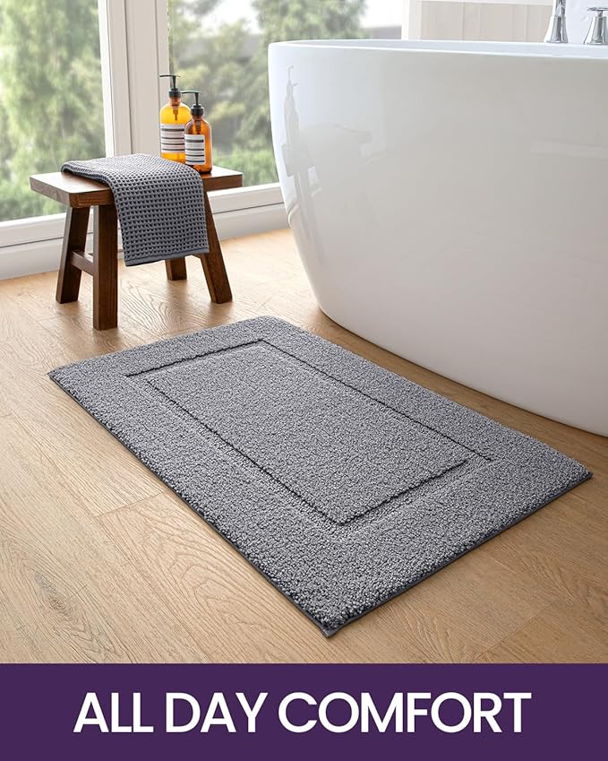 DEXI Bathroom Rugs 24x16, Washable Non Slip Bath Mat for Shower Floor, Absorbent Quick Dry Bathmat with Rubber Backing, Ultra Soft Plush Carpet for Tub, Grey