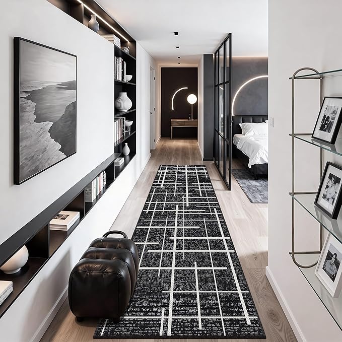Modern Kitchen Runner Rug Non Slip 2.6x8, Washable Distressed Stripe, Hallway Runner, Woven Thin Low Pile Carpet Runners for Hallway 8ft Entryway, Kitchen, Walkway- Midnight Black