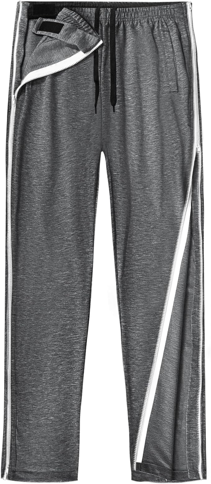 Unisex Tearaway Pants with 2 Side Zippers Snaps for Post Surgery Men Cotton Rip Off Breakaway Pant for Hip Replacement