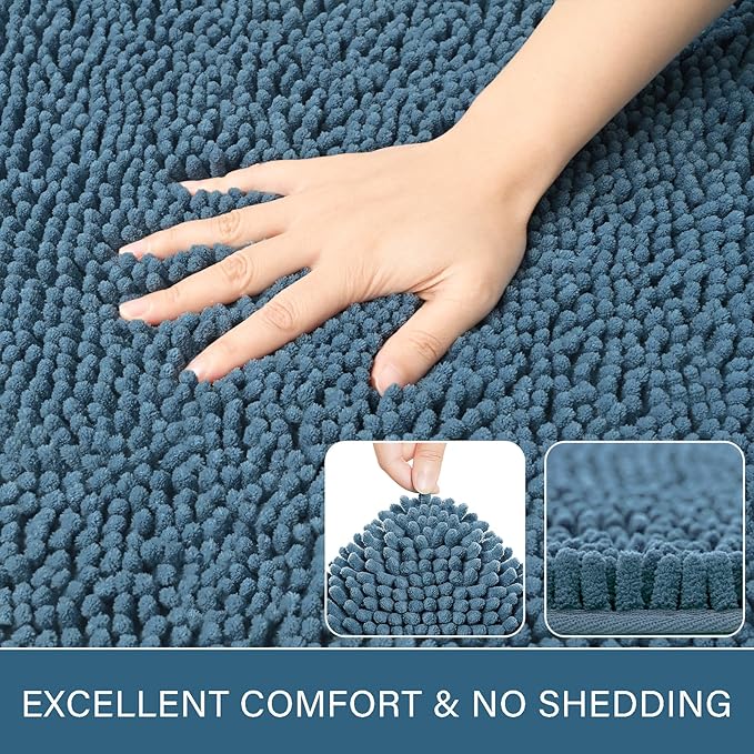 LOCHAS Luxury Bathroom Rug Shaggy Bath Mat 24 x 36 Inch, Washable Non Slip Bath Rugs for Bathroom Shower, Soft Plush Chenille Absorbent Carpets Mats, Denim Blue