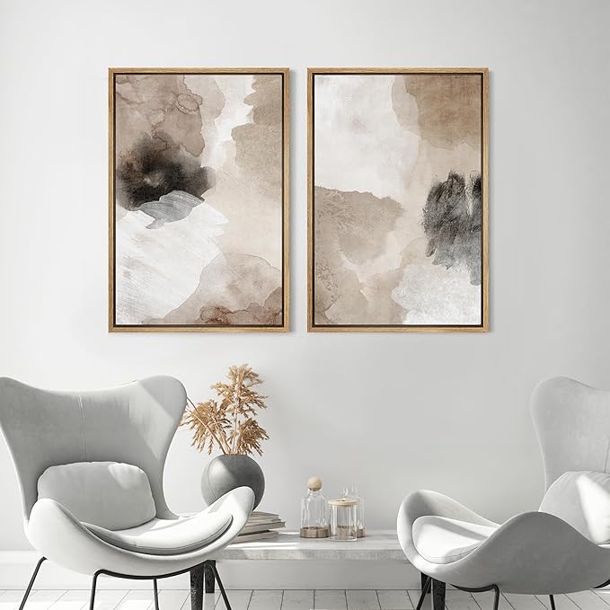 MUDECOR Framed Canvas Print Wall Art Watercolor Brown White Black Collage Abstract Shape Illustrations Modern Art Decorative Bohemian Colorful for Living Room, Bedroom, Office - 16"x24"x2 Natural