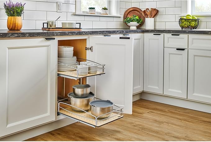 Rev-A-Shelf 2 Tier Pull Out Kitchen Cabinet Storage Organizer with Solid Bottom & Undermount Soft-Close Full Extension Slides, 54BK-18SC-2-1