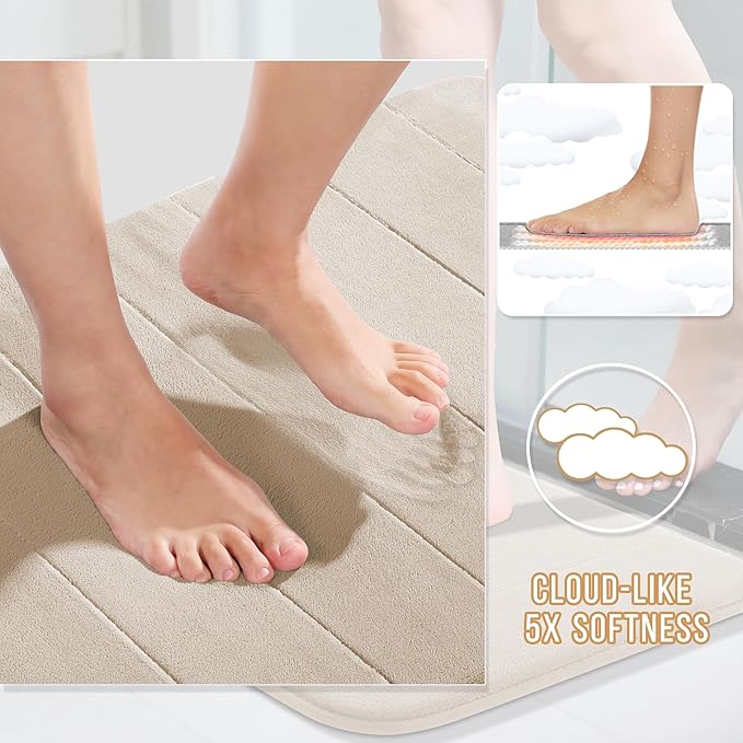 Yimobra Large Bath Mat Set 2 Piece- Super Soft Absorbent Quick Dry Memory Foam Bathroom Rugs, Machine Washable Non Slip Floor Carpet for Tub Shower & Double Vanity (17x24 & 44x24, Beige)