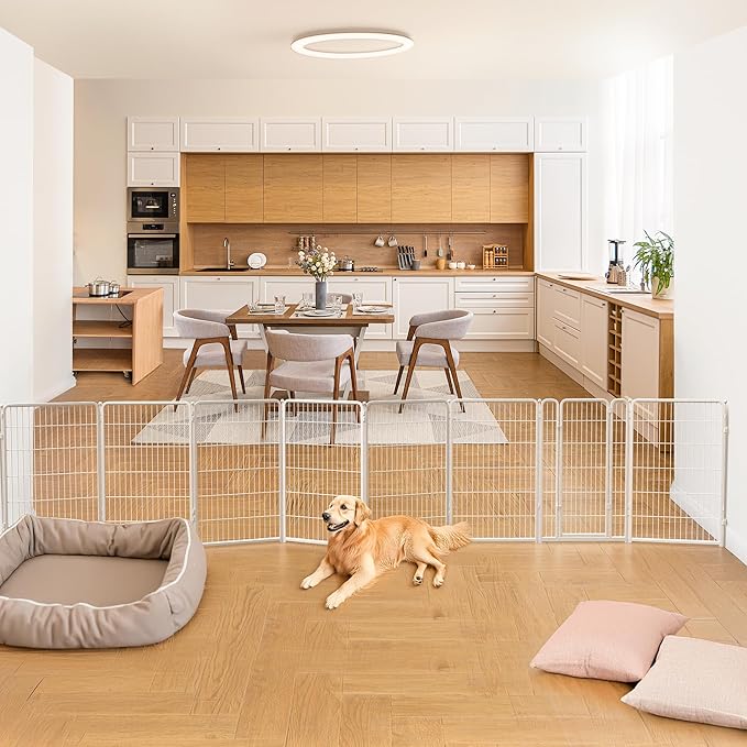 FXW Dog Gate Extra Wide Designed for Indoor Use, Adjustable Width Up to 219-inch Wide (45" H 8 Wire Panels for Large Dogs), White