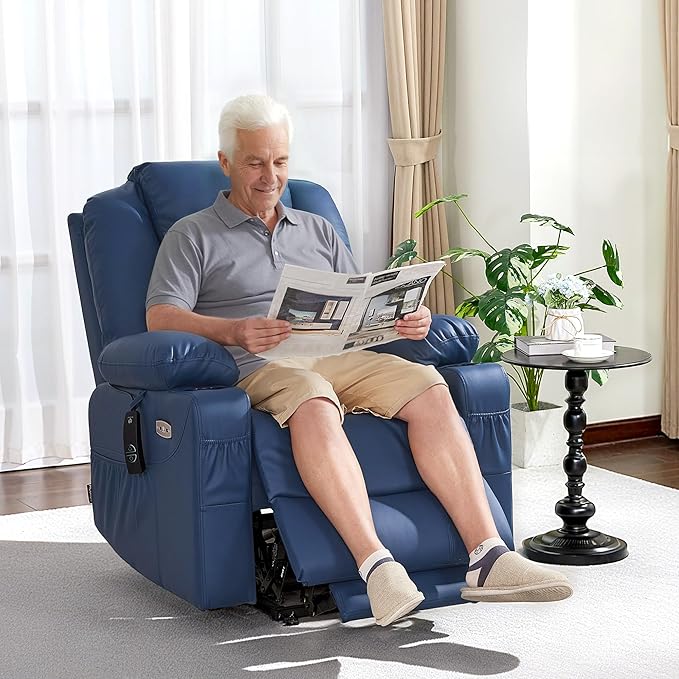 MCombo Electric Power Lift Recliner Chair Sofa with Massage and Heat for Elderly, 3 Positions, 2 Side Pockets, and Cup Holders, USB Ports, Faux Leather 7040 (Blue, Medium)