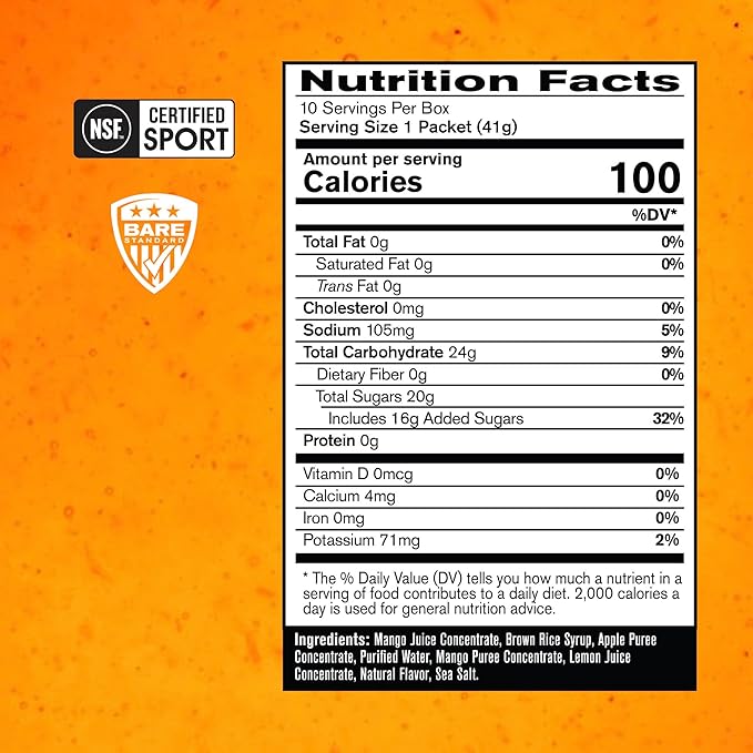 BARE PERFORMANCE NUTRITION, BPN Go Gel Endurance, 24g of Carbohydrates & 100 Calories per Pack, Vegan + Gluten Free Running Gel, 10 Single-Serving Packs, Mango