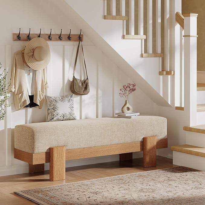 Tribesigns 55-Inch Upholstered Entryway Bench, Modern Shoe Bench with Fabric Padded Seat and MDF Frame, End of Bed Stool for Bedroom, Entrance, Living Room (Beige & Oak)