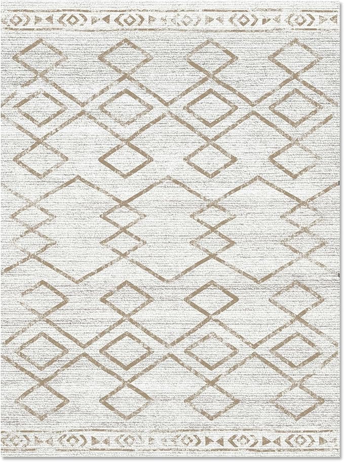 jinchan Moroccan 9x12 Area Rugs for Living Room - Machine Washable Soft Modern Geometric Stain Resistant Ultra-Thin Low-Pile Large Rug Non-Slip Carpet for Bedroom Kitchen Dining Room (9x12ft, Taupe)