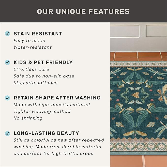 Insect Teal Green 5x7 Area Rug for Living Room - Cottage Core Rug for Bedroom, Dining Room, Kids Playroom, Home Office, Floral Vintage Whimsical Butterfly Washable Non Slip Floor Décor