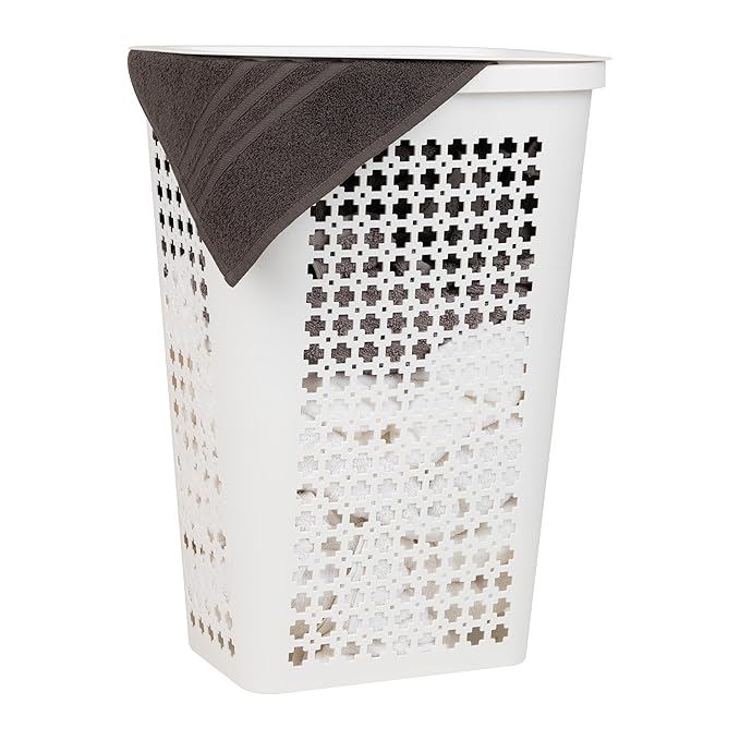 Mind Reader Slim Tapered Laundry Hamper with Lid, Clothes Basket with Swiss Cross Cut-Outs, Lightweight & Ventilated, Plastic, 16.75"L x 12.75"W x 23"H, White