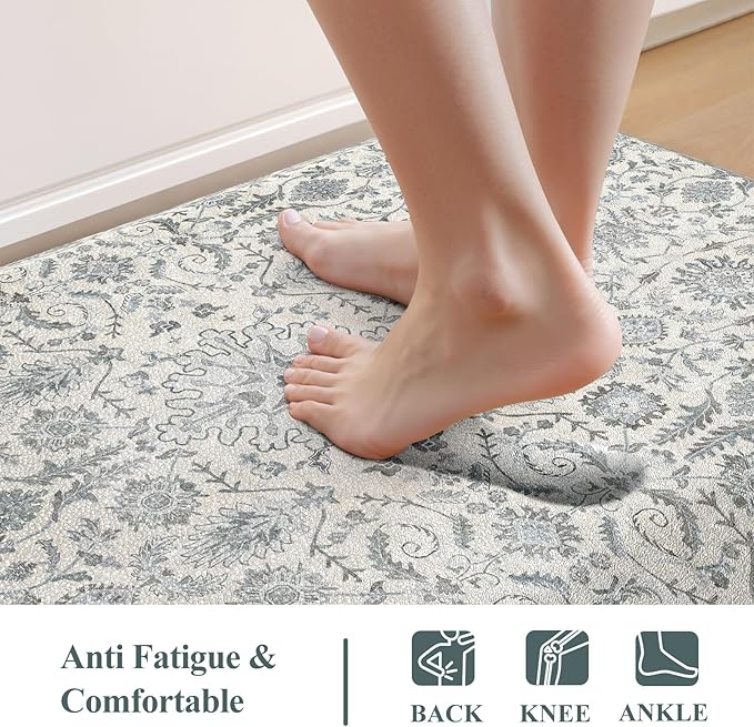 Collive Kitchen Mats Cushioned Anti Fatigue 17.3''x28'', Non Slip Waterproof Kitchens Sink Rug Vintage Boho Floral Rugs, Comfort Ergonomic Foam Standing Desk Mat for Floor, Home Office, Light Blue