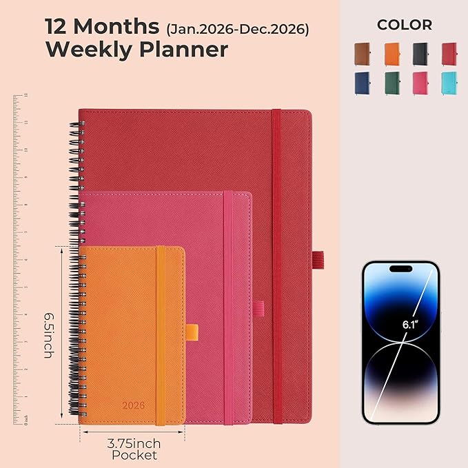 Planner 2026 Daily Weekly and Monthly,6.5"x3.75",12 Months Spiral Bound Calendar Agenda with Self-adhesive Pen Holder,2026 Appointment Book with Vegan Leather Soft Cover,Rose Red