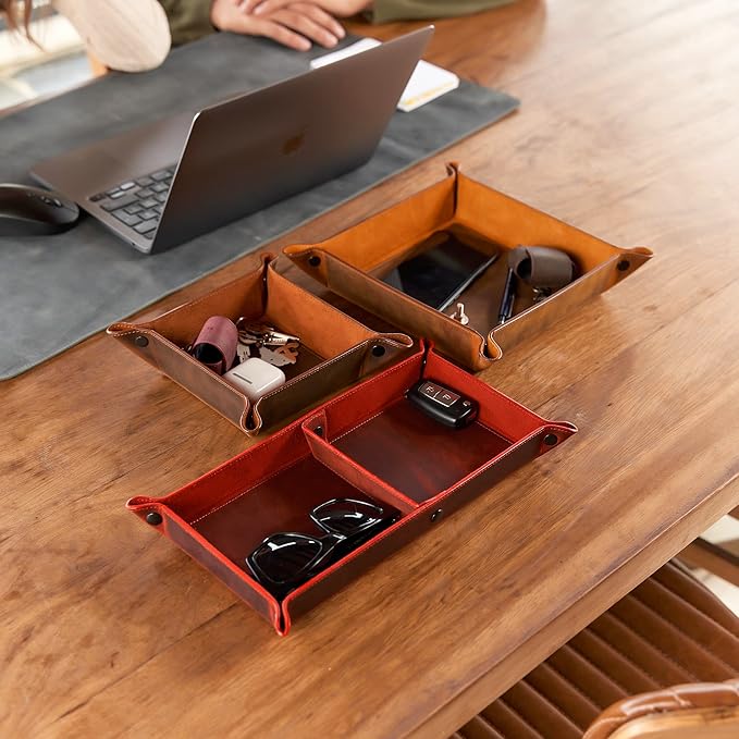 Handmade Leather Catch All Tray and Organizer for Keys, Phones, Jewels, Coins, Rectangular, Choco Brown