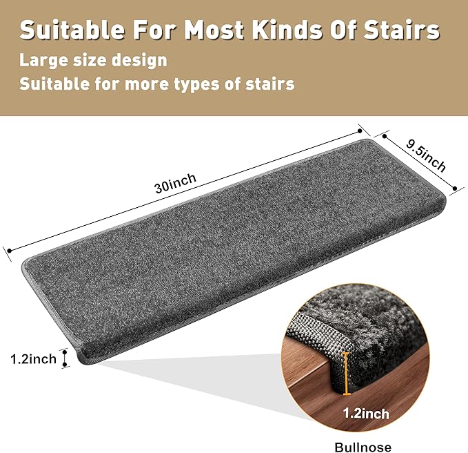 PURE ERA Bullnose Carpet Stair Treads Set Tape Free Non-Slip Indoor Stair Protectors Pet Friendly Rugs Covers Soft Skid Resistant Washable Reusable 9.5" x 30"(7 Pieces,Dark Gray)