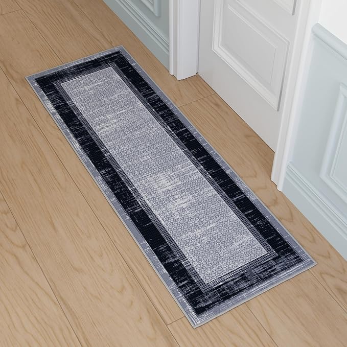 Ottomanson Hallway Runner Rug 20" x 59" Non Slip Border Area Rugs Easy to Clean Laundry Rug Runner Durable & Pet Friendly Floor Carpet Runners for Hallways Entryway Living Room Kitchen, Gray/Navy