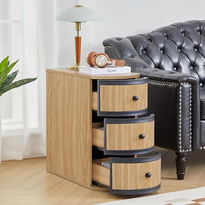 End Table with Charging Station for Couch,Mid-Century Modern Narrow Sofa Side Table with Drawer for Living Room,Small Bed Side Table for Bedroom (Natural, MCM)