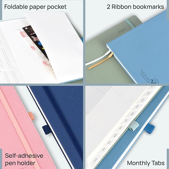 POPRUN 2026 Weekly & Monthly Planner Calendar, 8.5" x 10.5" Large, Horizontal Layout with Lined Sections, Jan. 2026 - Dec. 2026, Leather Hardcover, 100GSM Paper, Inner Pocket - Navy Blue