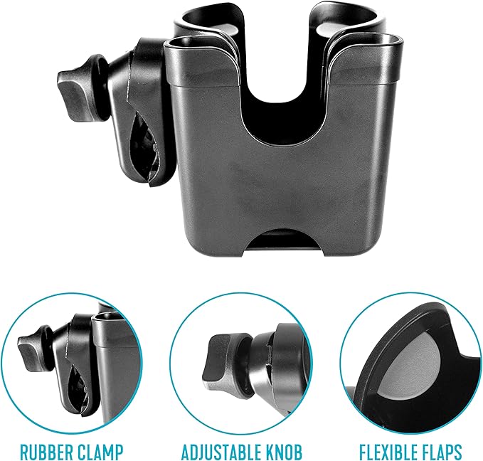 Stander Universal Cup Holder Accessory, Adjustable Drink and Phone Storage Compartment for Walkers, Rollators, Strollers, Wheelchairs, and Scooters, Black