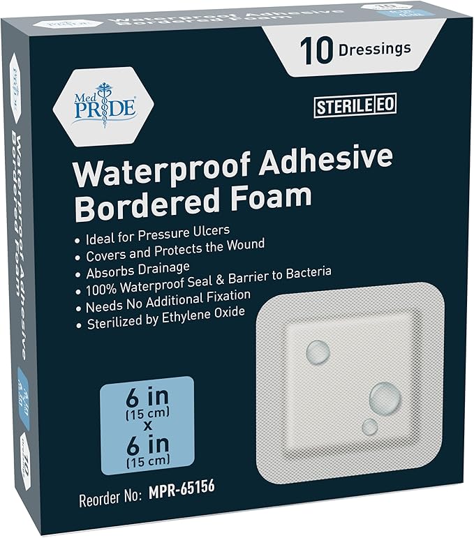 MED PRIDE Waterproof Silicone 6'' X 6'' Foam Wound Dressing (10-Count) Sterile, Adhesive Border | Home or Emergency Healing Support | Partial or Shallow Drainage Coverage