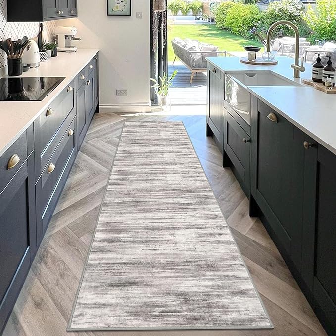 KOZYFLY Modern Abstract Washable Rug Runner 2.6x10 Hallway Rug Runner Non-Slip Soft Kitchen Runner Rugs, Grey-Beige Striped Carpet for Entryway Bathroom Laundry Room Foyer