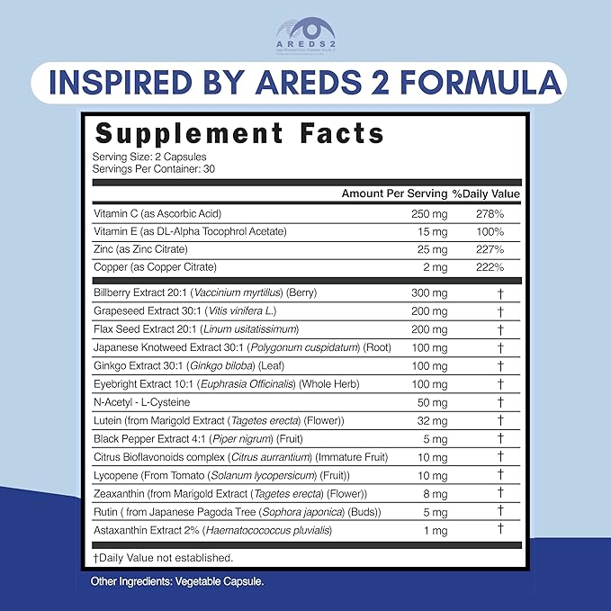 NOVEHA AREDS 2 Eye Vitamin & Mineral Supplement | Vision Support Formula with Lutein, Zeaxanthin, Bilberry, Eyebright & Grape Seed | Supports Eye Health & Macular Function (240 Capsules)