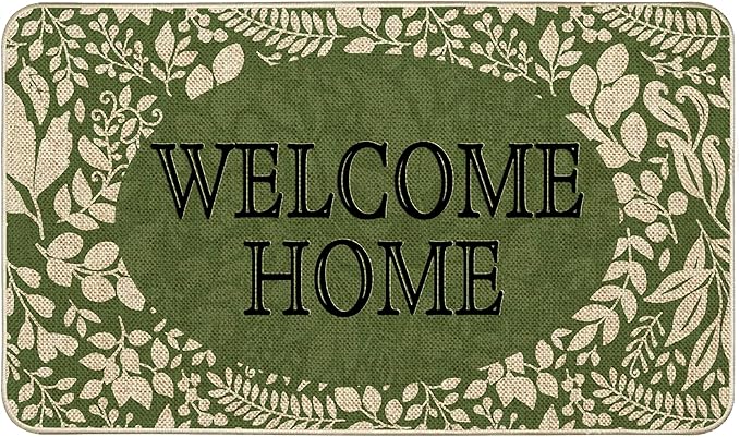 Welcome Spring Door Mat Green Leaves Doormat Indoor Outdoor Entrance Summer Decor Outdoor Rug Low-Profile Floor Rug Non Slip Spring Summer Decor Rubber Mats for Home Decoration 17x29Inch