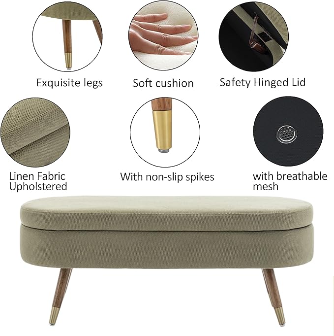 IAFIKE Oval Storage Bench 43.5" Ottoman Bench Upholstered Boucle Fabric Footrest Bench with Golden Metal Legs End of Bed for Bedroom, Living Room, Entryway,Bed Side (Green)