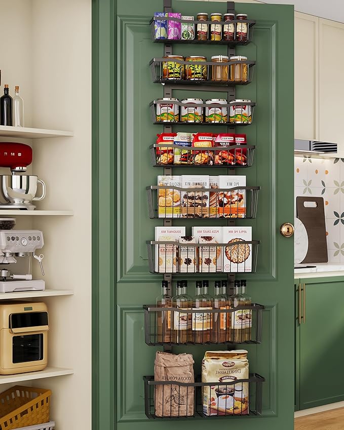 Over The Door Organizer，8-Tier Over The Door Pantry Organizer with Adjustable Baskets，Metal Hanging Pantry Organizers and Storage for Kitchen, Back of Door Seasoning Rack (Black)