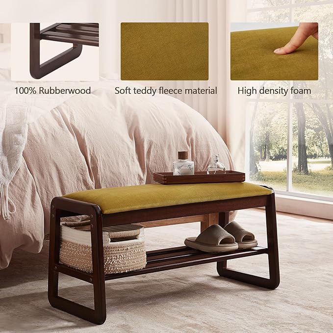 Shoe Rack Bench,2 Tier Wooden Entryway Bench with Shoe Storage, Shoe Rack with Cushion for Living Room, Hallway(Olive Green, 31.5")